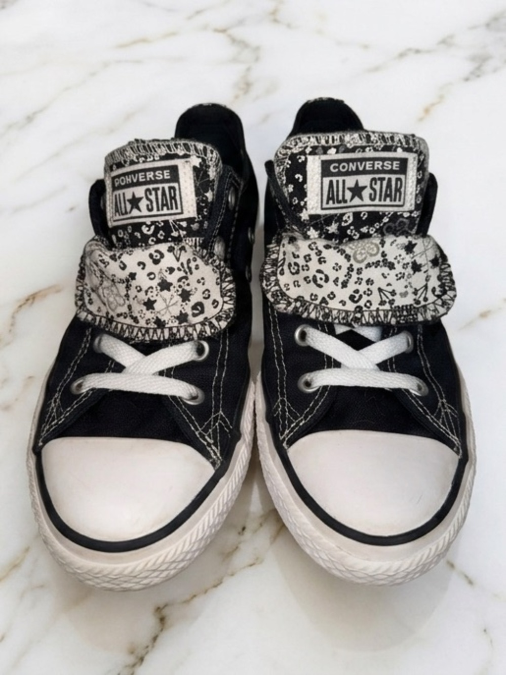 Converse Chuck Taylor All Star Double Tongue Low Top Black Floral Juniors Size 3